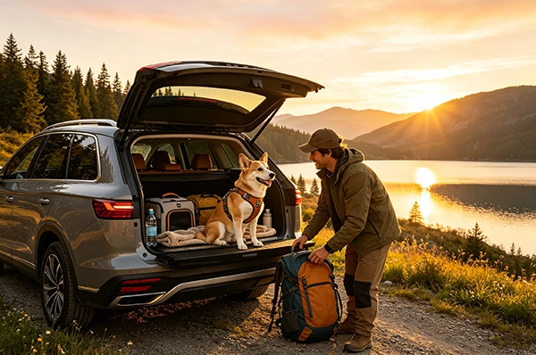 Happy dog sitting in open SUV trunk with owner by lake and mountains at golden sunset