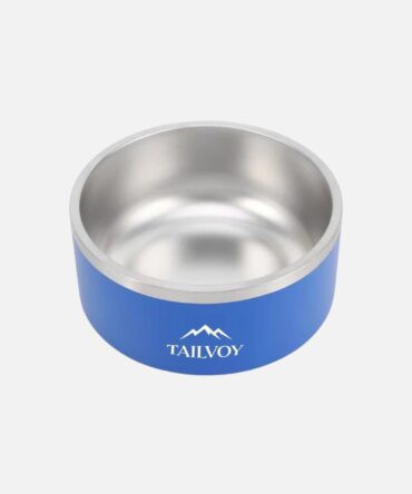 Blue insulated stainless steel dog bowl with metallic inner surface