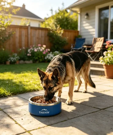 Blue stainless steel dog bowl with German Shepherd eating in a sunny backyard