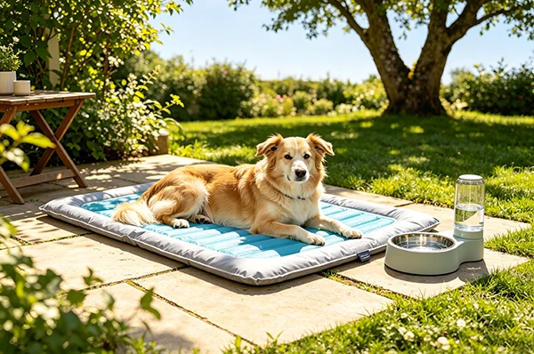 Happy dog relaxing on cooling mat in sunny backyard with water bowl nearby