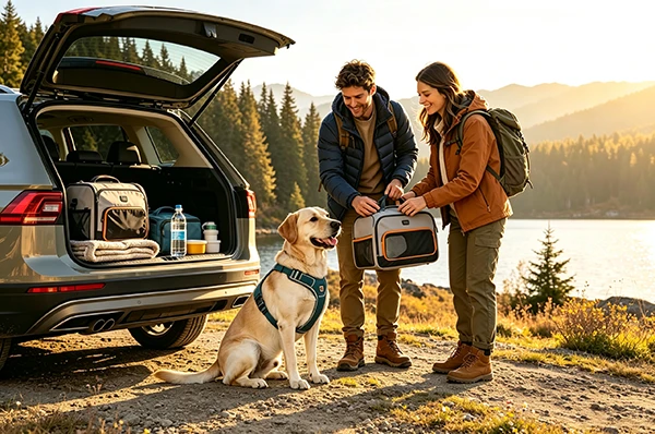 Young couple preparing road trip with happy dog beside open SUV trunk by lake and mountains
