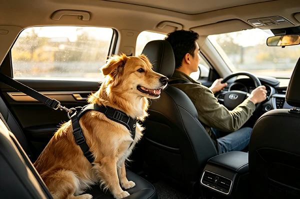 Happy dog wearing car safety seat belt vest enjoying warm sunlit car journey with man