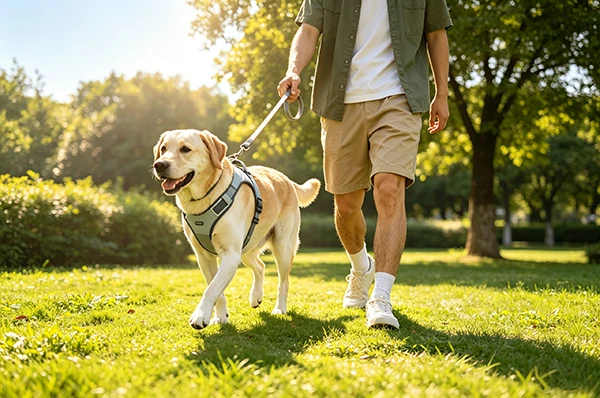 Happy dog wearing no-pull harness walking calmly beside owner in sunny park