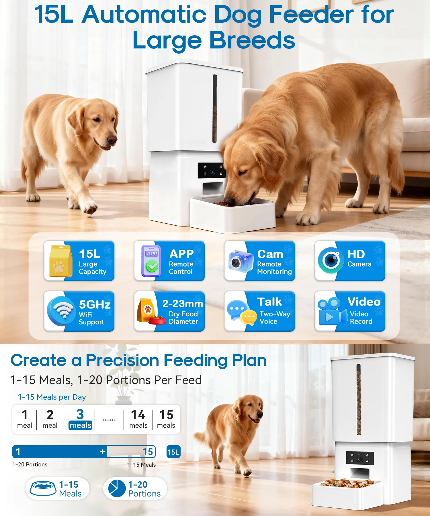 15L automatic dog feeder for large breeds, app control HD camera, precision feeding plan setting