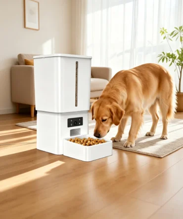 15L white smart dog feeder with camera, golden retriever eating kibble indoors