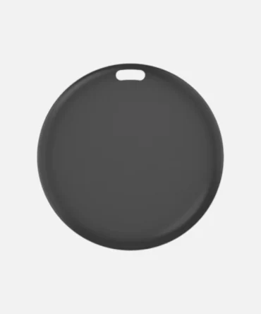 Black round dog Bluetooth tracker tag with hanging hole for pet collar attachment