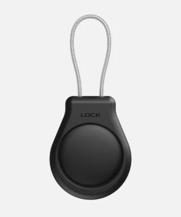 Black GPS dog tracker holder with steel wire loop and lock design for pet tracking device protection
