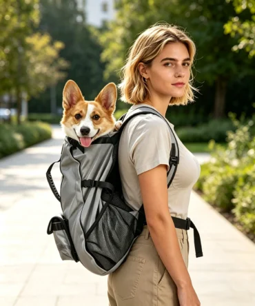 Woman carrying dog in backpack carrier outdoors