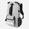 Grey dog backpack carrier with front pocket, mesh side panel and adjustable straps