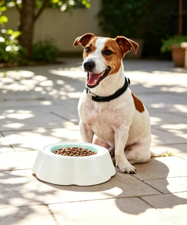 Outdoor pet scene, happy dog sitting next to white cooling dog bowl filled with dry kibble, sunny patio background