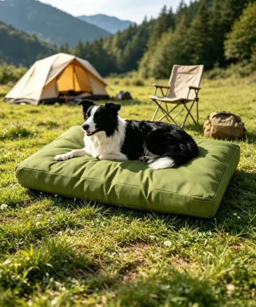 Olive green dog camping bed with border collie resting at outdoor wilderness campsite beside tent