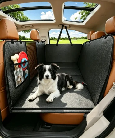 Border collie lying on waterproof dog car seat cover in car back seat.