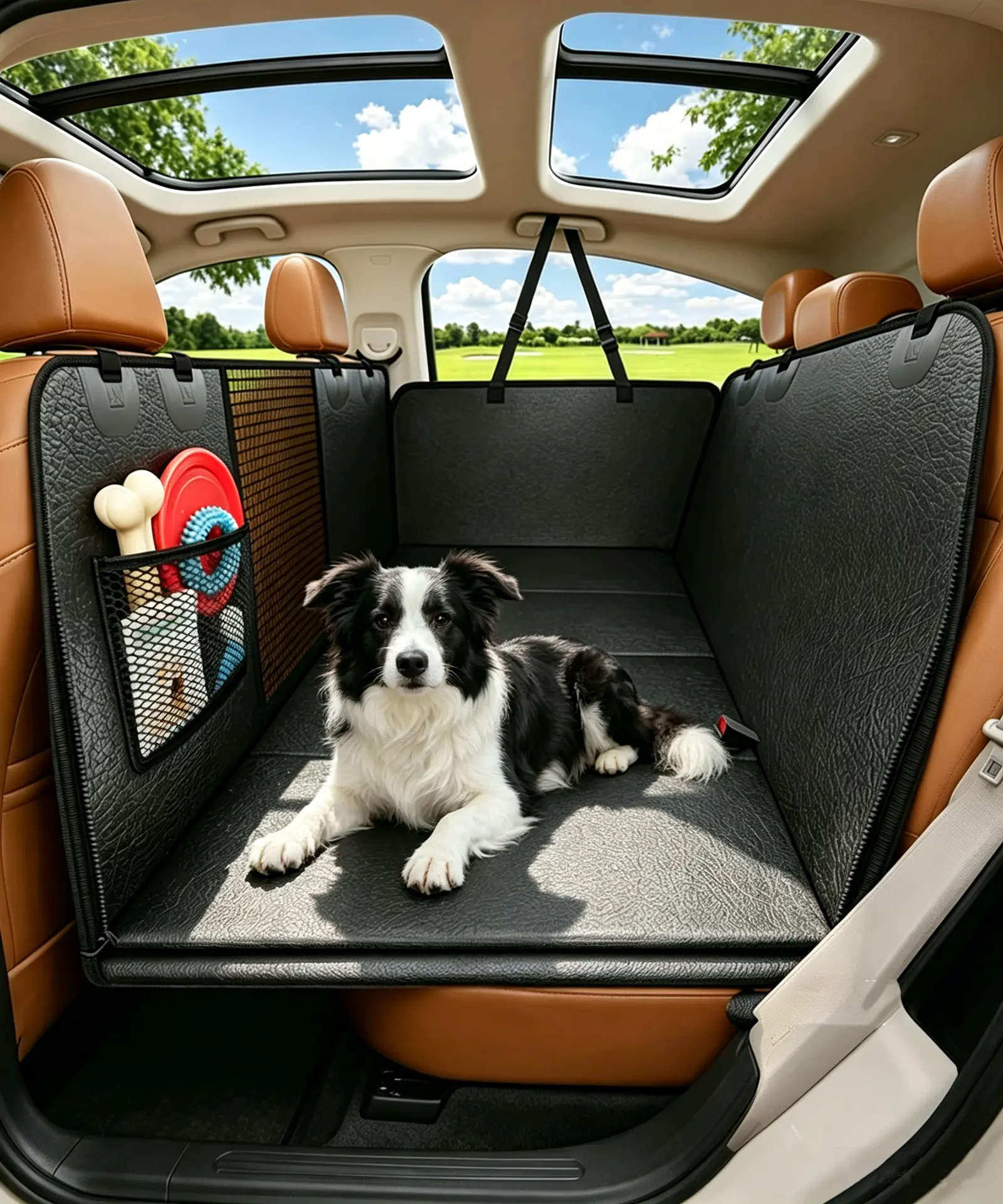 Border collie lying on waterproof dog car seat cover in car back seat.