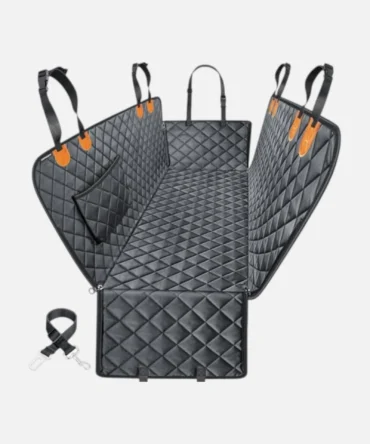 Quilted black dog car seat cover with side flaps, storage pocket and pet safety belt