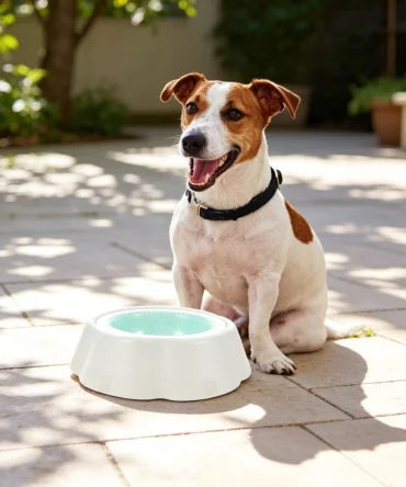 White dog cooling bowl with Jack Russell Terrier beside it in shaded summer patio setting