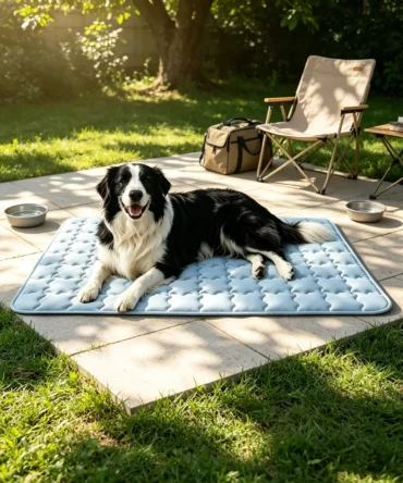 Light blue quilted dog cooling mat with border collie resting in shaded outdoor summer area