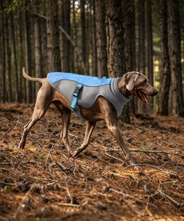 Blue gray dog cooling vest worn by Weimaraner hiking in pine forest