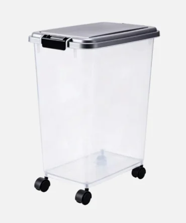 Clear plastic dog food storage container with locking lid and rolling wheels