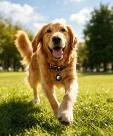 Golden retriever wearing GPS dog tracker holder walking on green park grass
