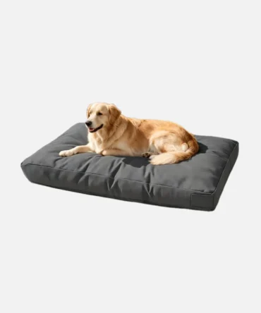 Grey waterproof dog camping bed with golden retriever resting comfortably on thick padded pet mattress