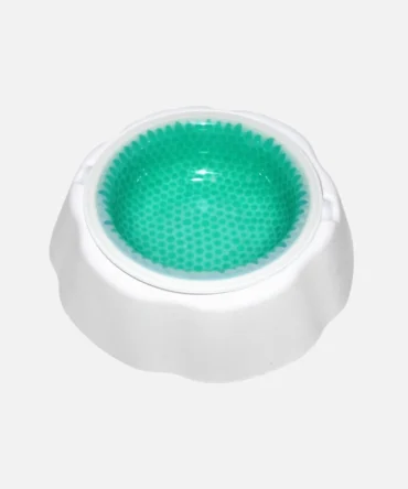 White pet dog cooling bowl with green gel honeycomb inner structure for keeping water cool