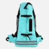 Turquoise dog backpack carrier with black accents, mesh side panels and adjustable straps