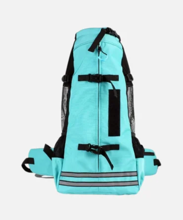 Turquoise dog backpack carrier with black accents, mesh side panels and adjustable straps
