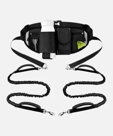 Hands-free dual dog leash set with waist belt, storage pouch and two adjustable bungee leashes for walking two dogs
