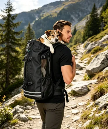 Man hiking in mountain trail with dog in large dog backpack carrier