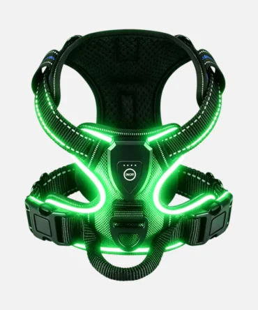 Green LED dog harness with adjustable reflective straps, no-pull front clip and soft padded mesh for night walking