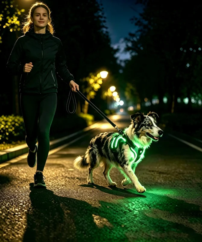 Caucasian woman in running outfit walking dog with glowing green LED harness on night park path