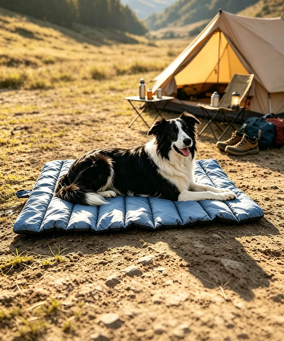 Blue portable outdoor dog mat with border collie resting at wild campsite with tent and mountain scenery