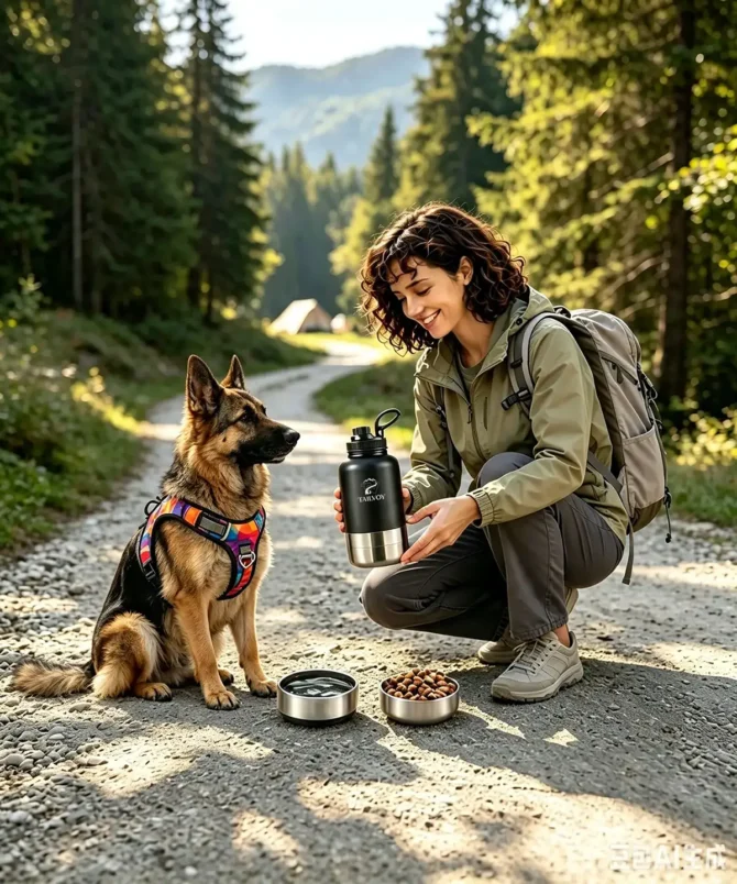 Woman hiking with German Shepherd wearing gradient patterned dog harness, preparing pet food and water on mountain forest trail