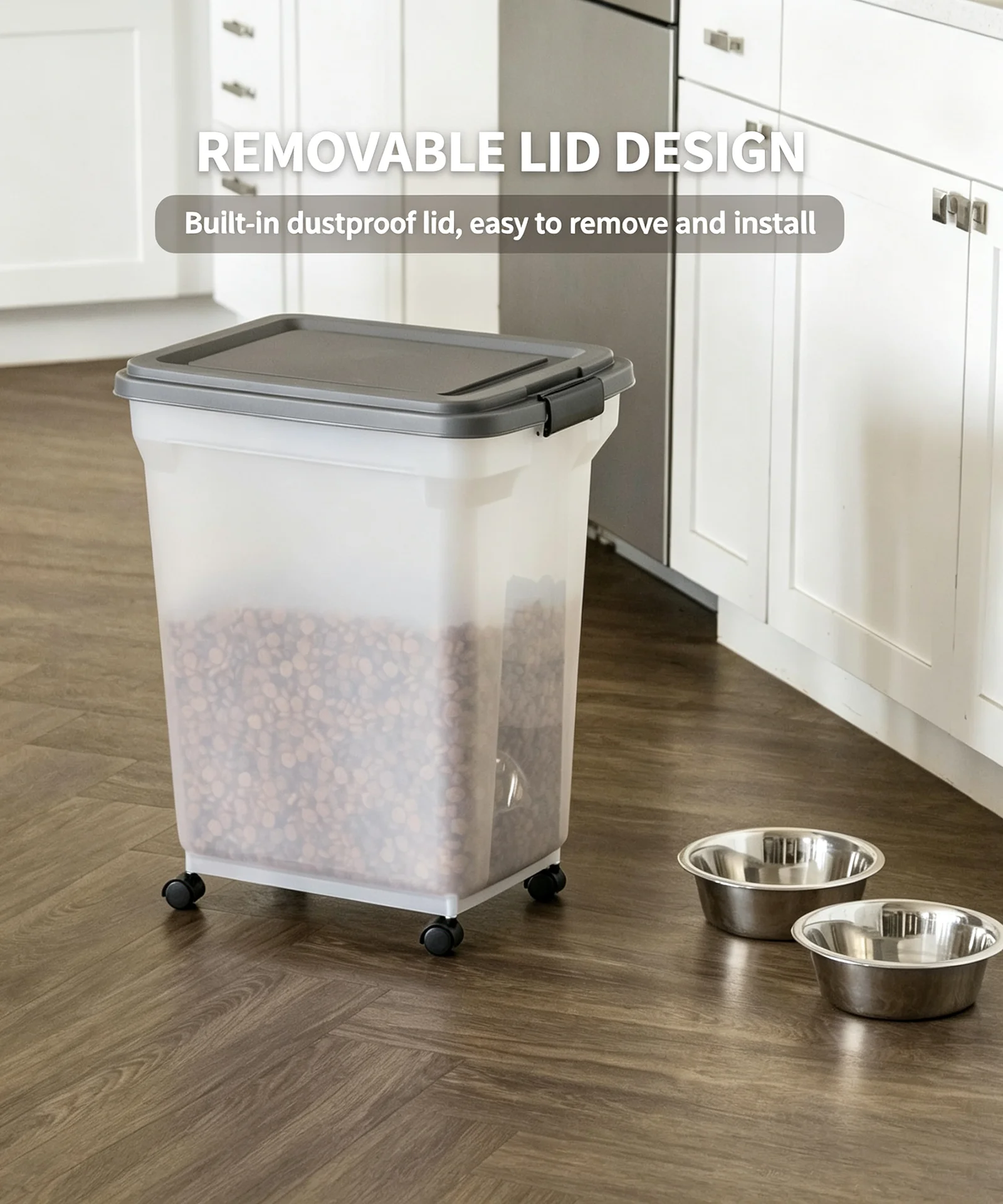 Transparent pet food storage bin with gray removable dustproof lid, wheels and dog kibble, shown in a clean kitchen with pet bowls, text highlights easy installation.