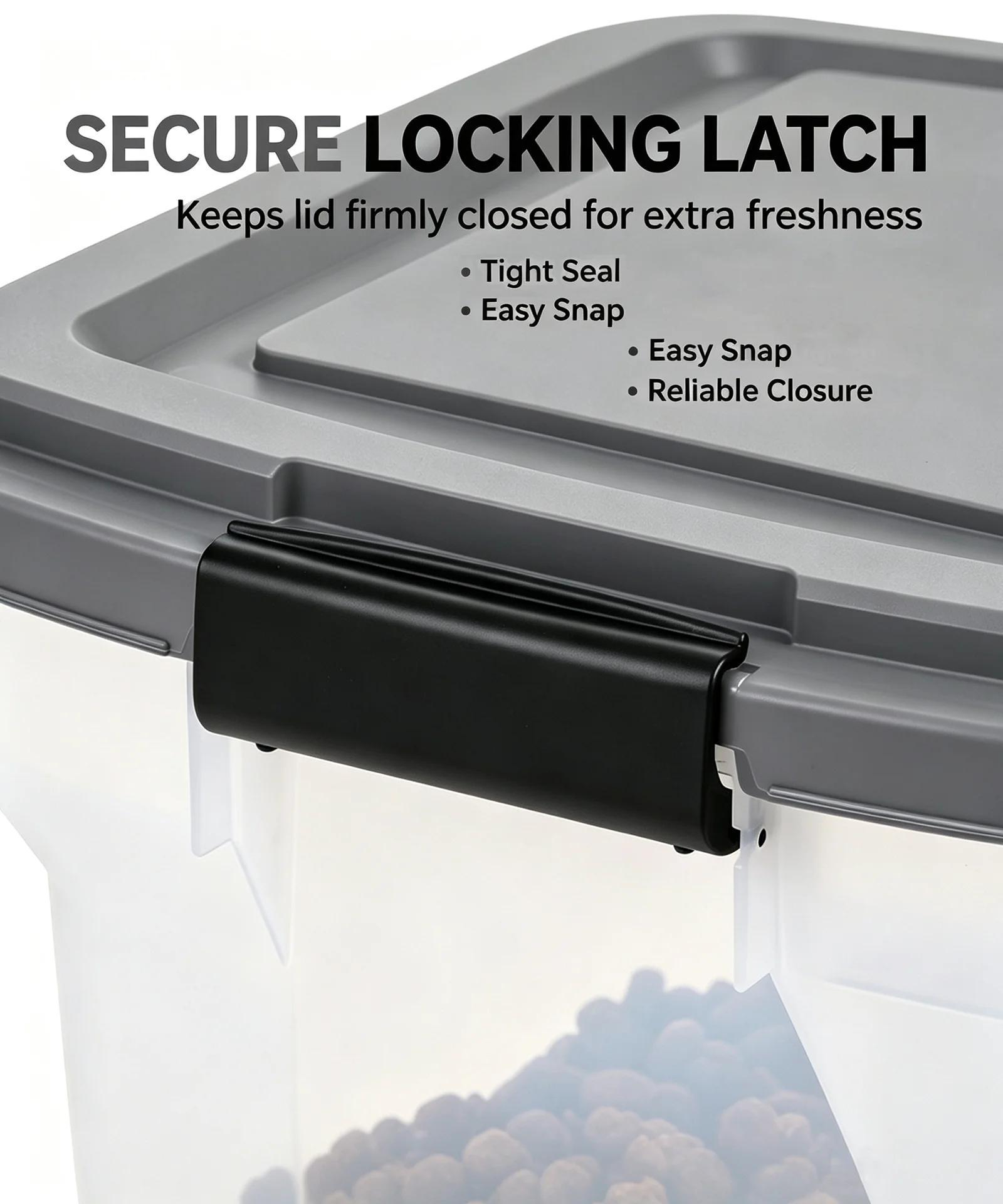 Close-up of a pet food storage bin with secure black locking latch, gray lid, text highlights tight seal and reliable closure