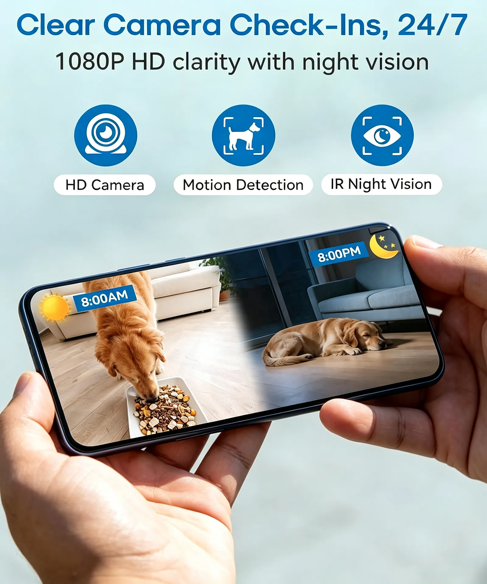 Smart dog feeder with 1080P HD camera, night vision, motion detection, 24/7 clear pet check‑ins