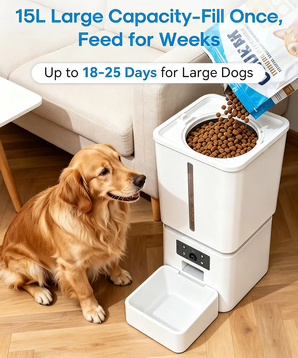 15L large capacity automatic dog feeder, fill once feeds for weeks, up to 18‑25 days for large dogs, Golden Retriever in living room