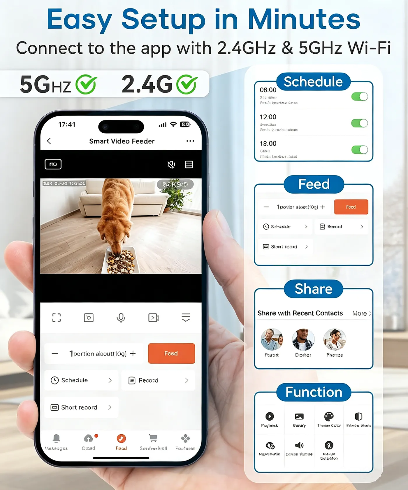 Smart dog feeder easy app setup, 2.4GHz & 5GHz Wi‑Fi connection, feeding schedule and remote control interface