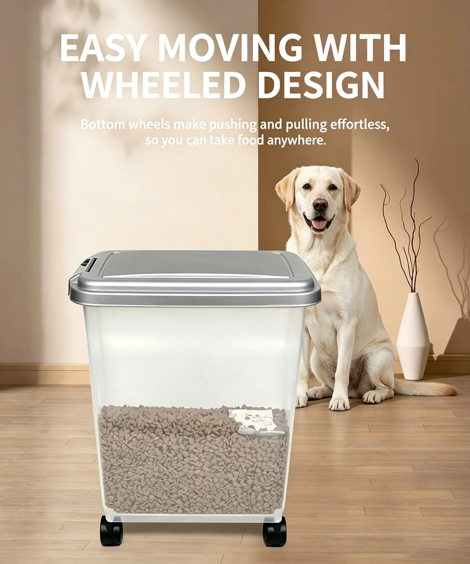 Clear wheeled pet food storage container with gray lid and wheels, transparent dog food bin on wooden floor, warm indoor background with a dog, easy moving and effortless pushing.