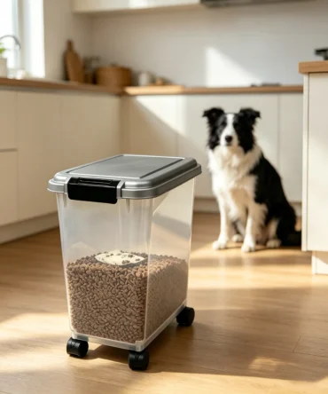 Clear wheeled dog food storage container in home interior with blurred Border Collie in background