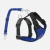 Blue mesh dog car harness with adjustable vehicle safety seat belt tether