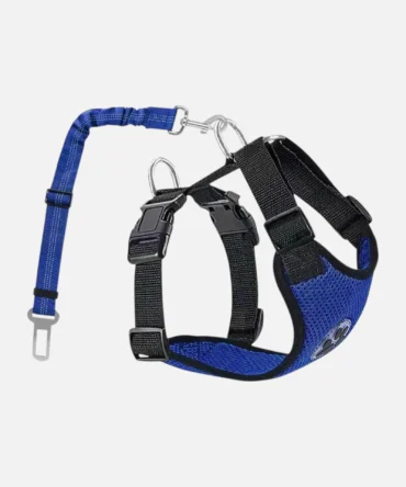Blue mesh dog car harness with adjustable vehicle safety seat belt tether