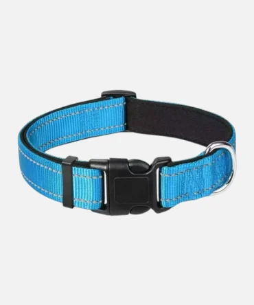 Blue reflective dog collar with adjustable buckle and metal D-ring