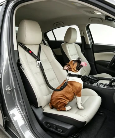 Dog secured in car seat using adjustable 3 piece dog seatbelt harness for safe travel