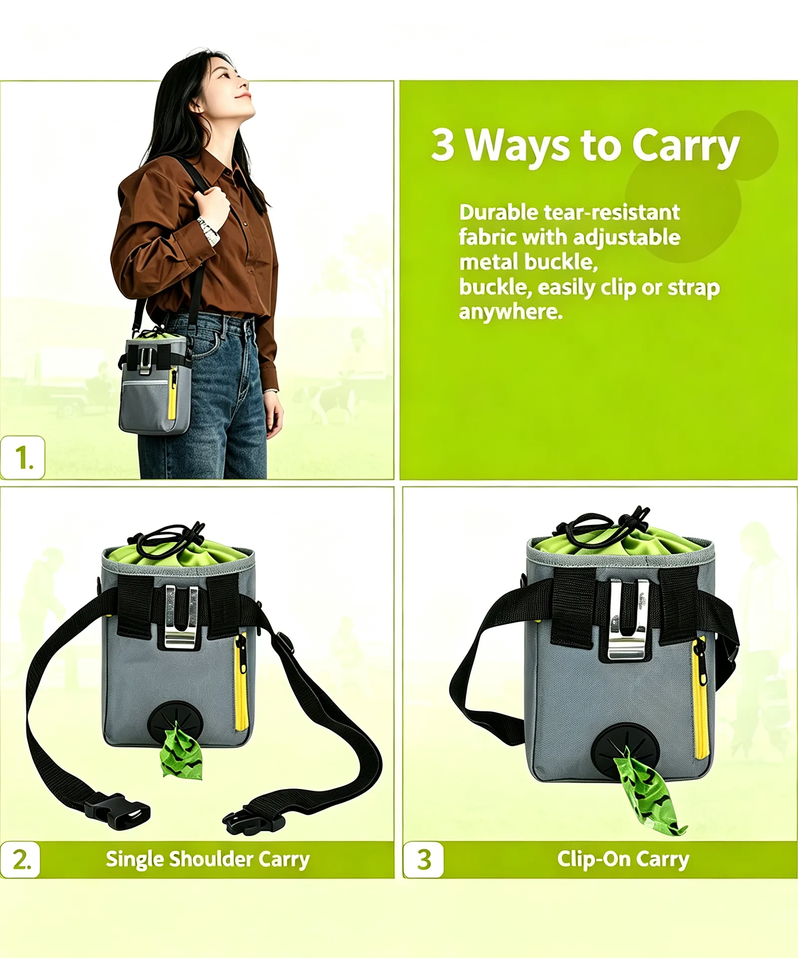 Dog treat pouch infographic showing 3 carry ways: single shoulder carry, waist worn carry and clip-on carry, with durable tear-resistant fabric and adjustable metal buckle for dog training and walking