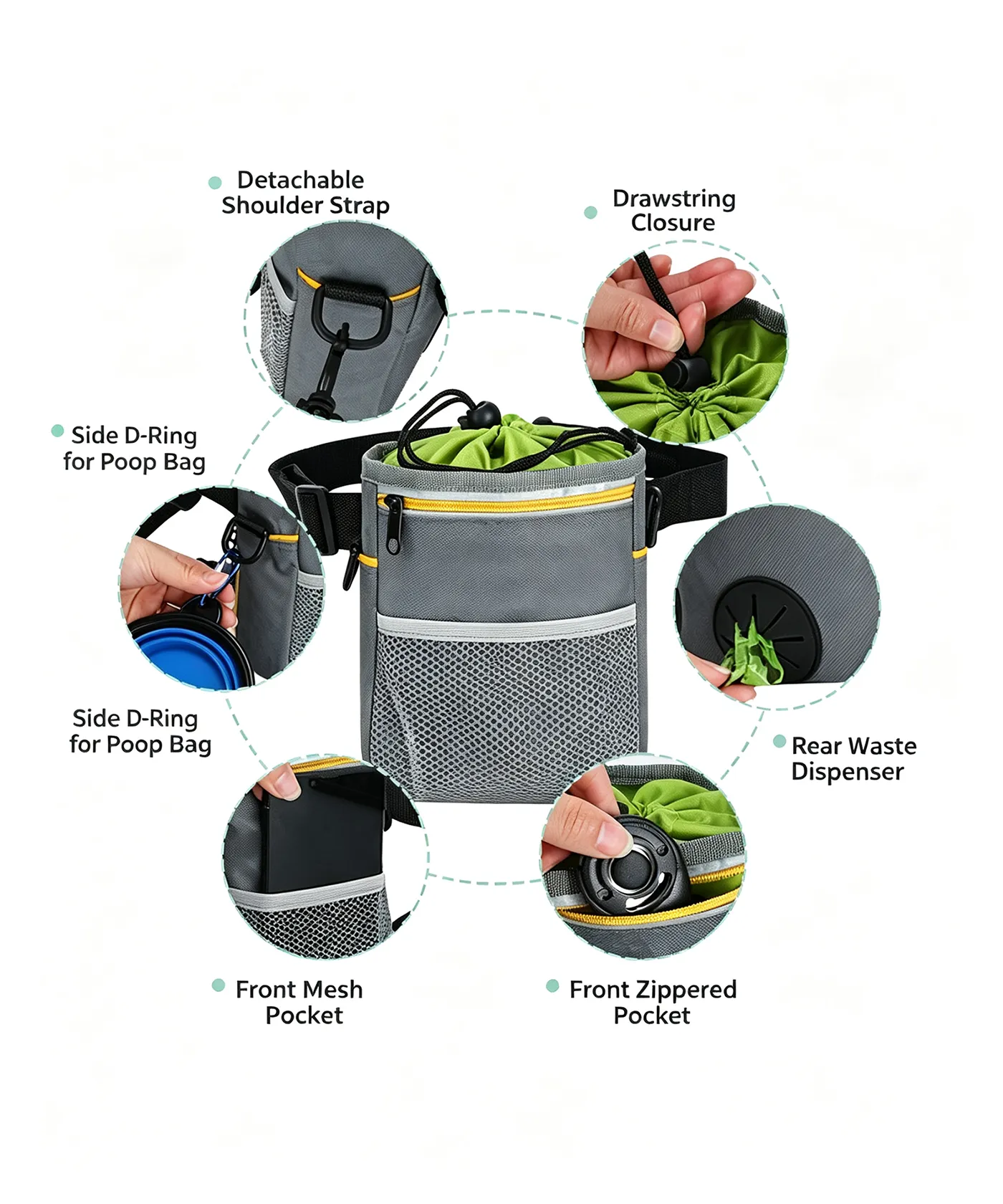 Dog treat pouch features infographic showing detachable shoulder strap, drawstring closure, side D-ring for poop bag, rear waste dispenser, front mesh pocket and front zippered pocket for dog training and walking