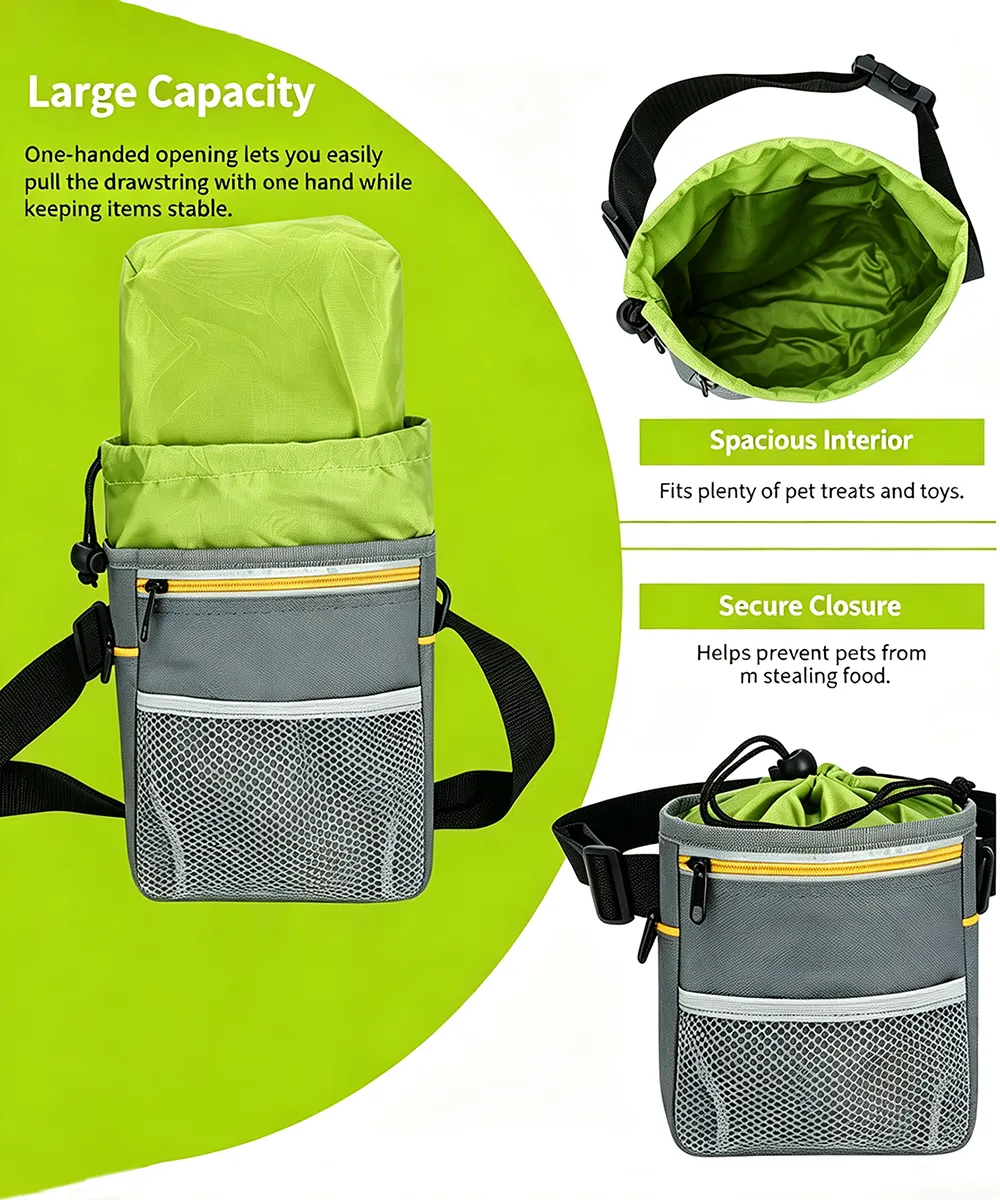 Large capacity dog treat pouch infographic showing spacious interior, secure drawstring closure, front mesh pocket, zipper pocket and adjustable buckle for dog training, walking and outdoor use
