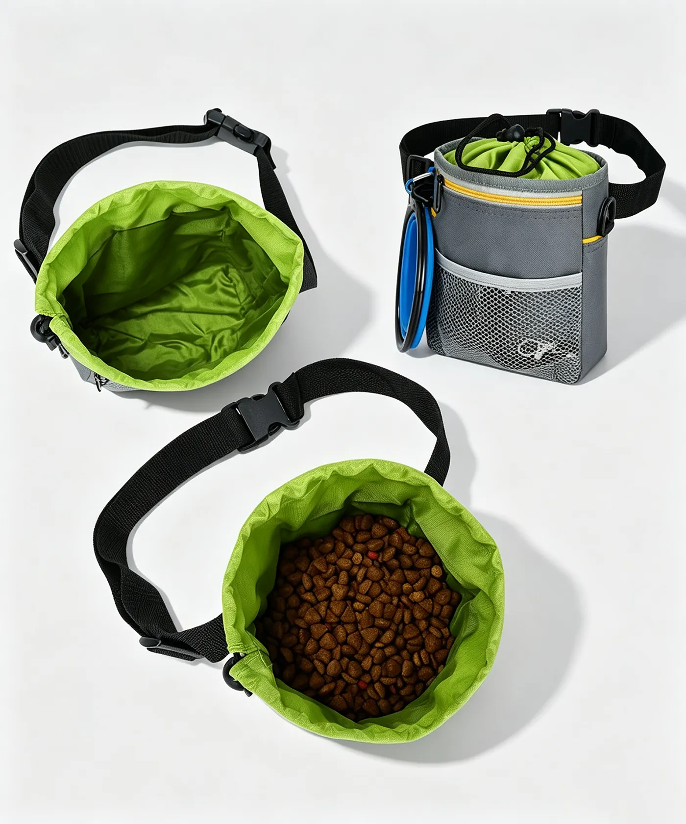 Dog treat pouch open views product image, showing spacious green interior, drawstring top, front mesh pocket, zipper pocket, adjustable shoulder strap and pet food storage for dog training and walking