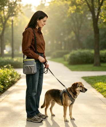 Woman walking dog with dog treat pouch, looking towards her dog