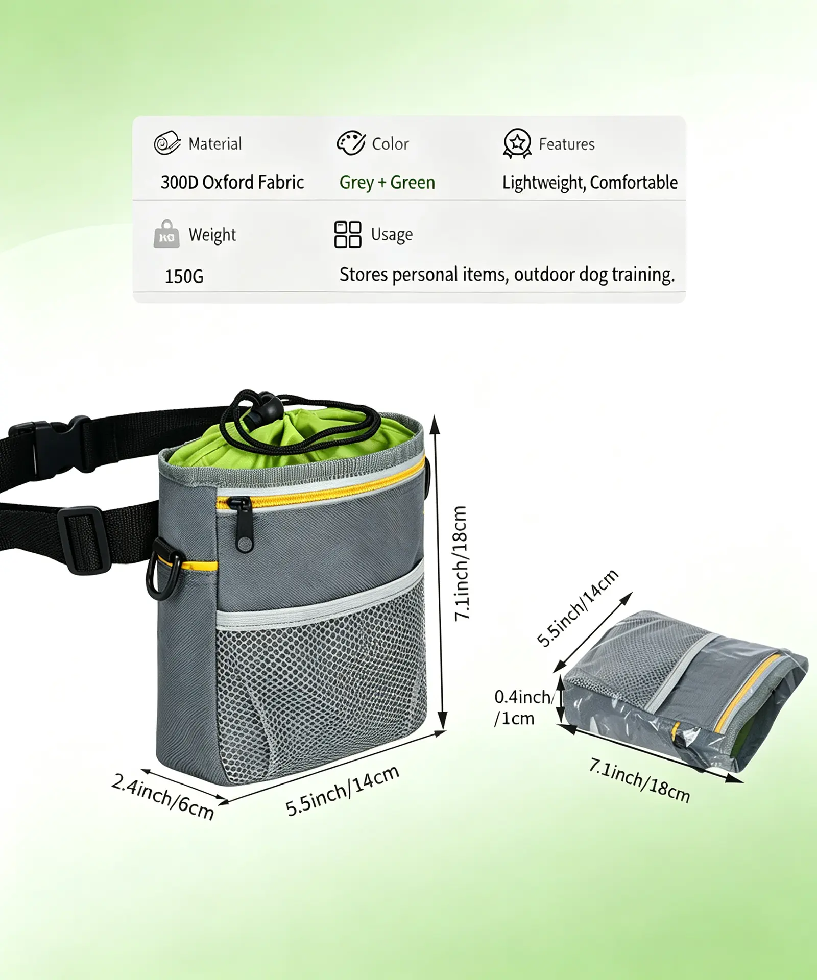 Dog treat pouch size and specification infographic, showing dimensions, 300D oxford fabric material, weight and usage for dog training
